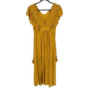 BALTIC BORN Women's Mustard Yellow Deep V-Neck Ruffle Cap Sleeve Maxi Dress XS